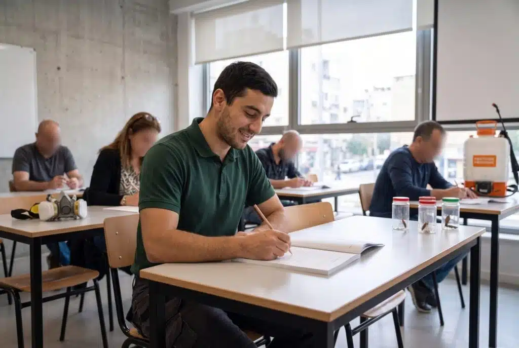 מועמד ניגש לקבלת רישיון מדביר בבחינה בכתב בישראל