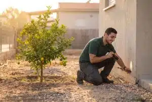הדברה ברחובות: מדביר מוסמך בודק את היקף בית פרטי וגינה