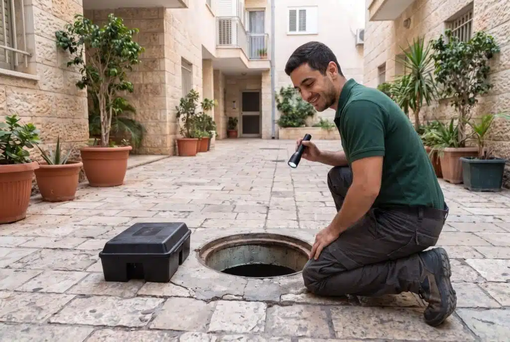 מדביר בודק שוחת ביוב בחצר בניין מגורים לקראת הדברת חולדות בביוב, ולידה תחנת פיתיון נעולה