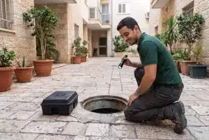 מדביר בודק שוחת ביוב בחצר בניין מגורים לקראת הדברת חולדות בביוב, ולידה תחנת פיתיון נעולה